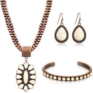 Western Jewelry Set Turquoise Necklace Earrings Cuff Bohemian Accessories